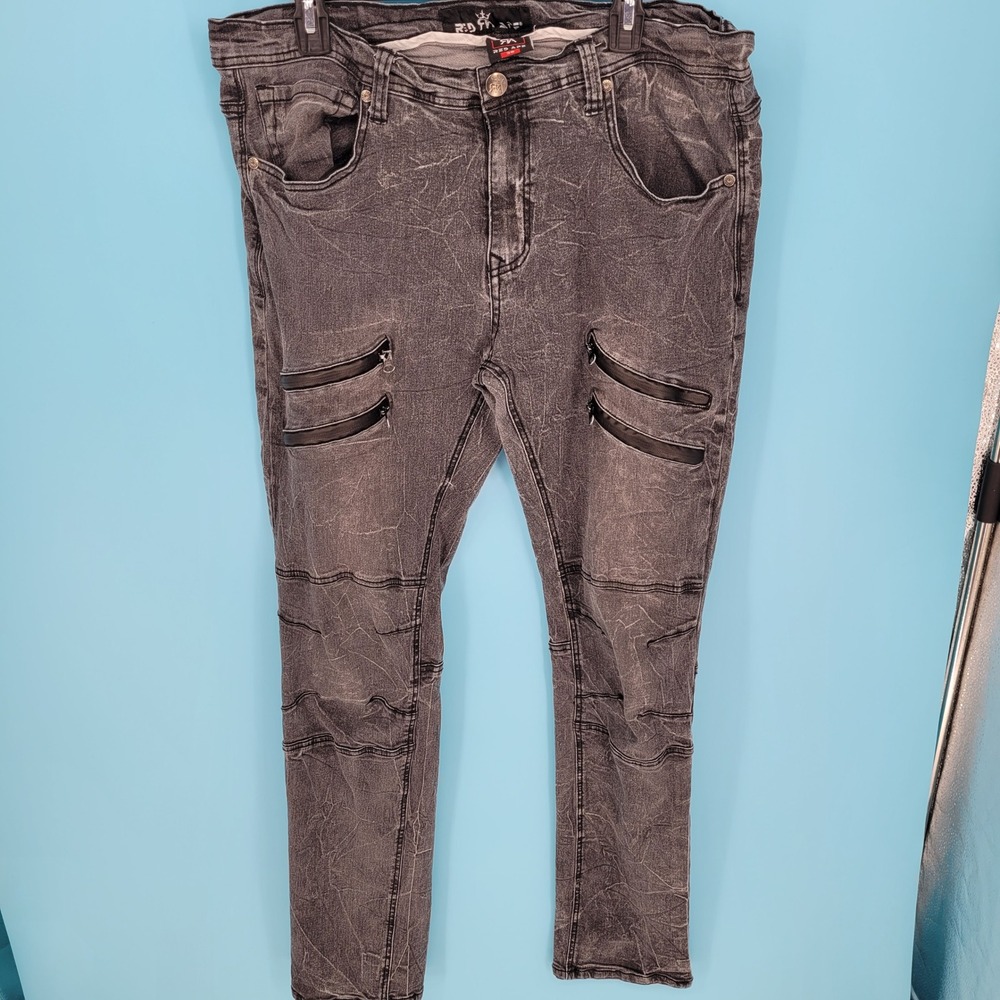 Red Ape Moto Biker Jeans Mens 38 Streetwear Acid Wash Zipper Detail Slim Fit